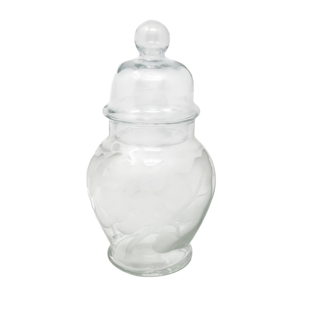Glass Apothecary Jar 6.75 Inches Clear Excellent Frosted Floral Etched Lid